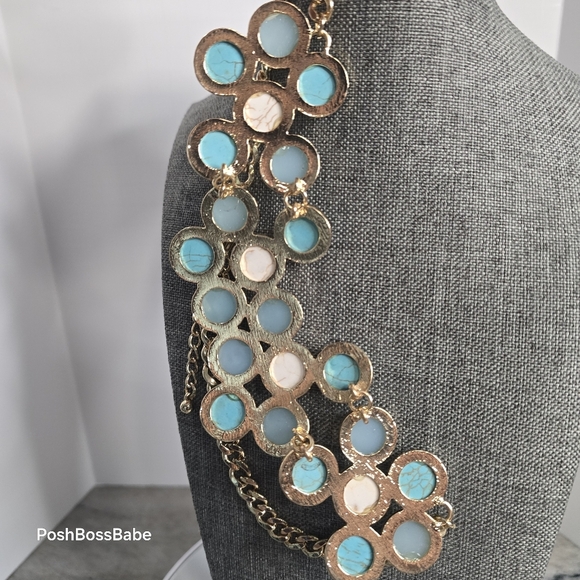 Turquoise Howlite & Aqua Statement Bib Necklace – Gold-Tone Chain - Picture 8 of 8